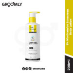 Sunscoop 5% Niacinamide Sunscreen Body Lotion 200ml pump bottle, an Indian body sunscreen with SPF 50+ PA++++, Niacinamide, and Ceramides for brightening and sun protection.