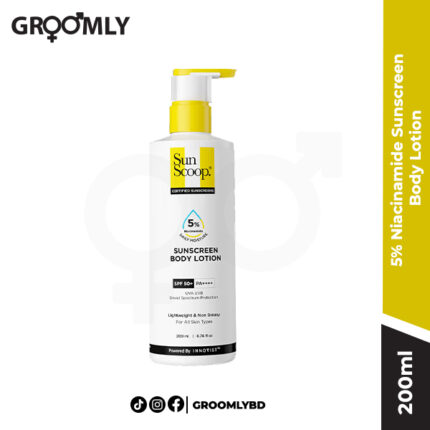 Sunscoop 5% Niacinamide Sunscreen Body Lotion 200ml pump bottle, an Indian body sunscreen with SPF 50+ PA++++, Niacinamide, and Ceramides for brightening and sun protection.