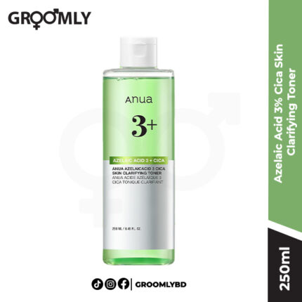 ANUA Azelaic Acid 3% Cica Skin Clarifying Toner 250ML bottle, a Korean toner with 3% Azelaic Acid, Centella Asiatica, and Tea Tree for acne, redness, and pore care.