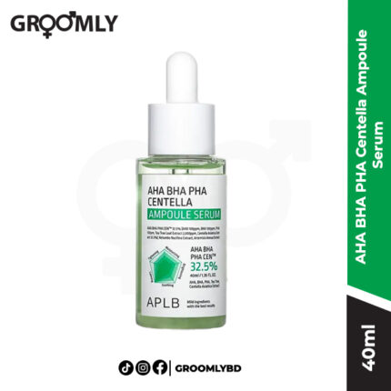 APLB AHA BHA PHA Centella Ampoule Serum 40ml dropper bottle, a Korean serum with Lactic Acid, Salicylic Acid, Gluconolactone, and Centella Asiatica for exfoliating and soothing acne-prone skin.