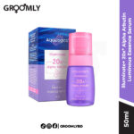 Aqualogica Illuminate+ 20x* Alpha Arbutin Luminous Essence Serum 50ml dropper bottle, an Indian serum with concentrated Alpha Arbutin and Hyaluronic Acid for fading pigmentation and dark spots.