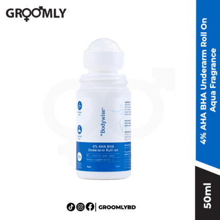 Be Bodywise 4% AHA BHA Underarm Roll On 50ml, an Indian aluminium-free deodorant with Lactic Acid and Salicylic Acid for underarm brightening in a fresh Aqua scent.