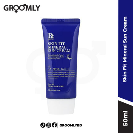 Benton Skin Fit Mineral Sun Cream 50ML tube, a Korean physical sunscreen with Non-Nano Zinc Oxide, SPF 50 PA++++, Centella Asiatica, and Niacinamide for sensitive and acne-prone skin.