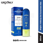 Aqualogica Bright+ Makeup-Set Sunscreen Mist 80ml bottle, an Indian moisturizing sunscreen mist with SPF 50 and Hyaluronic Acid for easy, over-makeup sun protection.