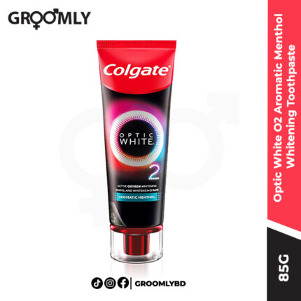 Colgate Optic White O2 Aromatic Menthol Whitening Toothpaste 85g tube, an Indian toothpaste with Active Oxygen technology for rapid teeth whitening and intense menthol freshness.