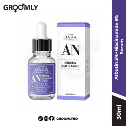 Cos De Baha Arbutin 5%+Niacinamide 5% Serum 30ml dropper bottle, a Korean serum with 5% Alpha Arbutin and 5% Niacinamide for hyperpigmentation, dark spots, and pore care.