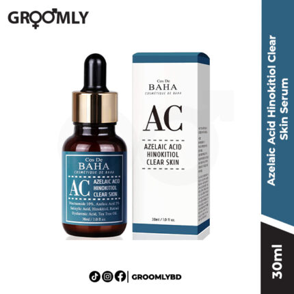 Cos De Baha Azelaic Acid Hinokitiol Clear Skin Serum 30ml dropper bottle, a Korean serum with 10% Azelaic Acid, Niacinamide, and Hinokitiol for treating acne, redness, and pore refinement.