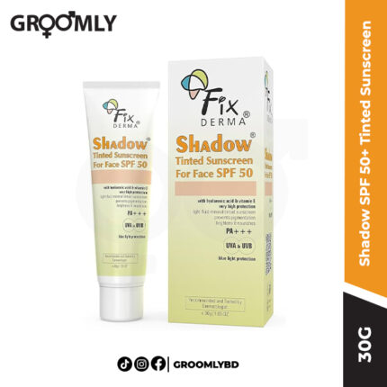 Fixderma Shadow SPF 50+ Tinted Sunscreen 30g tube, an Indian tinted sunscreen with a blend of UV filters and Vitamin E for high broad-spectrum protection with no white cast.