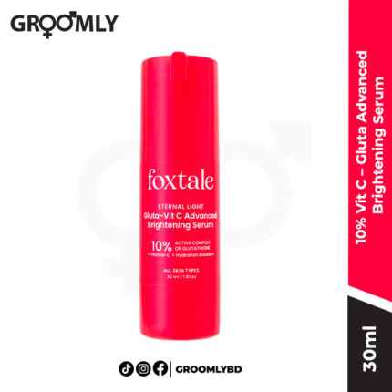 Foxtale 10% Vit C Gluta Advanced Brightening Serum 30ML dropper, an Indian antioxidant serum with 10% Ethyl Ascorbic Acid and Glutathione for dark spots, anti-aging, and skin glow.
