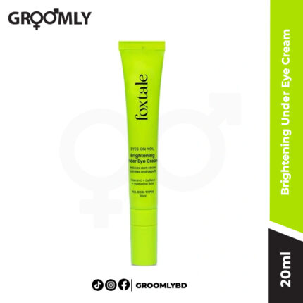 Foxtale Brightening Under Eye Cream 20ml tube, an Indian eye cream with Vitamin K, Caffeine, and Retinol derivative for reducing dark circles, puffiness, and fine lines.