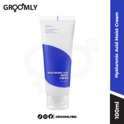 Isntree Hyaluronic Acid Moist Cream 100ML jar, a Korean deeply hydrating cream with 5 types of Hyaluronic Acid, Ceramide NP, and Shea Butter for dry and sensitive skin barrier repair.