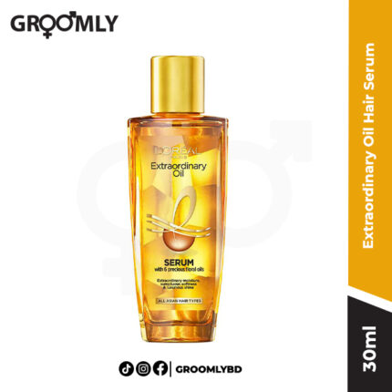 L'Oreal Paris Extraordinary Oil Hair Serum 30ML bottle, an Indian non-greasy hair oil blend with 6 rare flower oils for intense shine, softness, and frizz control.