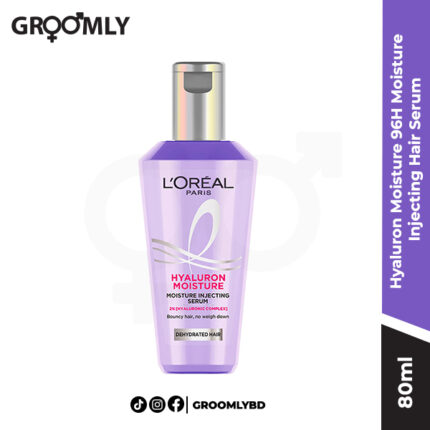 L'Oreal Paris Hyaluron Moisture 96H Moisture Injecting Hair Serum 80ml bottle, an Indian hydrating hair serum with Hyaluronic Acid for frizz control and 96 hours of lasting moisture.