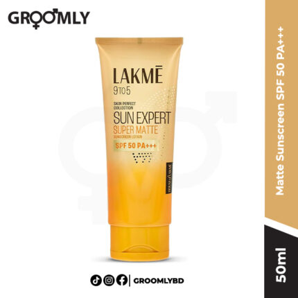 Lakme Matte Sunscreen SPF 50 PA+++ 50ML tube, an Indian oil-free sunscreen for oily skin, providing broad-spectrum protection and a matte, non-greasy finish.