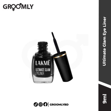 Lakme Ultimate Glam Eye Liner 9ML bottle, an Indian liquid eyeliner with a fine brush tip for precise application and rich, dark pigmentation.