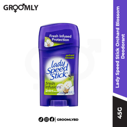 MENNEN Lady Speed Stick Orchard Blossom Deodorant 45g, a women's solid anti-perspirant stick with a fruity-floral fragrance for 48-hour wetness and odour control.