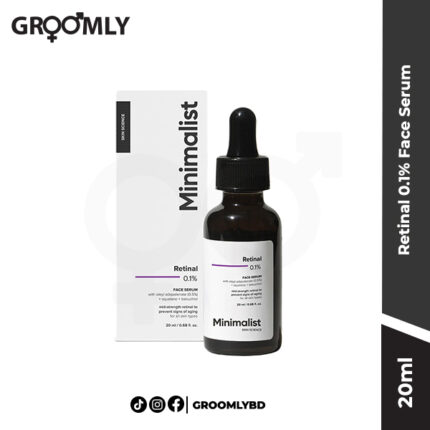 Minimalist Retinal 0.1% Face Serum 20ML dropper bottle, an Indian anti-aging serum with 0.1% Retinal, Hyaluronic Acid, and Centella Asiatica for wrinkles and skin renewal.