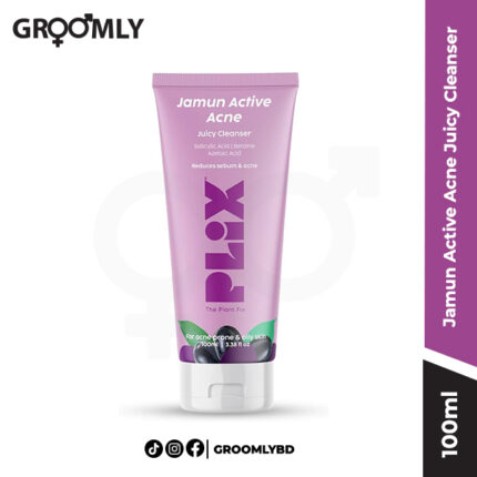 Plix Jamun Active Acne Juicy Cleanser 100ml bottle, an Indian face wash with 2% Salicylic Acid and Jamun Extract for treating acne, breakouts, and oiliness.