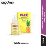 Plix Pineapple De-Pigmentation Dewy Serum 30ml dropper bottle, an Indian brightening serum with 3% Alpha Arbutin, Pineapple Extract, and Hyaluronic Acid for fading hyperpigmentation and dark spots.