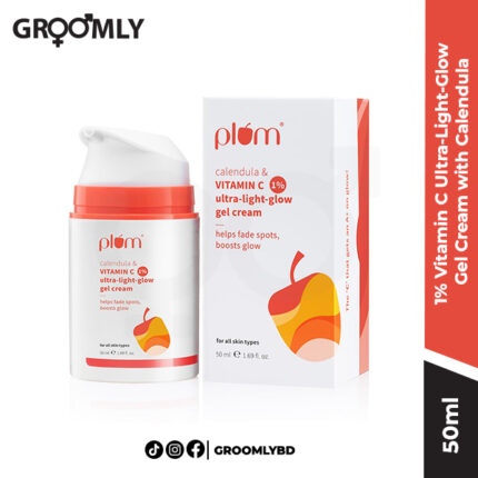 Plum 1% Vitamin C Ultra-Light-Glow Gel Cream 50g jar, an Indian gel moisturizer with Ethyl Ascorbic Acid, Calendula, and Hyaluronic Acid for oil-free hydration and brightness.
