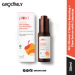 Plum 10% Vitamin C Barrier Boosting + Glow Serum 30ML dropper bottle, an Indian brightening serum with 10% Ethyl Ascorbic Acid, Probiotics, and Calendula for dark spot fading and glow.