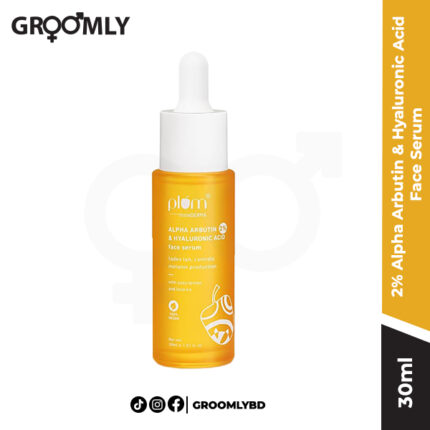 Plum thinkDERMA 2% Alpha Arbutin & Hyaluronic Acid Face Serum 30ML dropper bottle, an Indian serum with 2% Alpha Arbutin and Hyaluronic Acid for reducing hyperpigmentation and dark spots.
