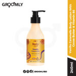 Plum BodyLovin' Vanilla Caramello Body Lotion 240ML bottle, an Indian moisturizing lotion with Cocoa Butter and Vitamin B5 for dry skin, featuring a sweet Vanilla Caramello scent.