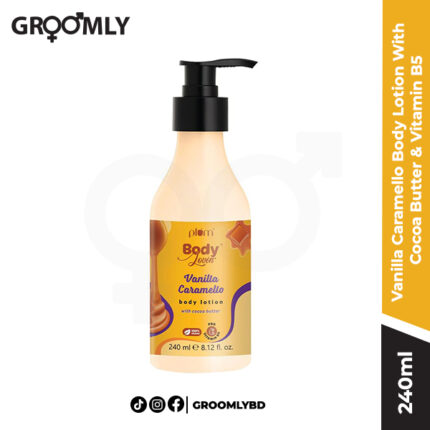 Plum BodyLovin' Vanilla Caramello Body Lotion 240ML bottle, an Indian moisturizing lotion with Cocoa Butter and Vitamin B5 for dry skin, featuring a sweet Vanilla Caramello scent.
