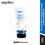 Plum Coconut Milk & Peptides Strength & Shine Conditioner 175g bottle, an Indian, silicone-free conditioner with Coconut Milk and Peptides for reducing breakage and adding hair shine.