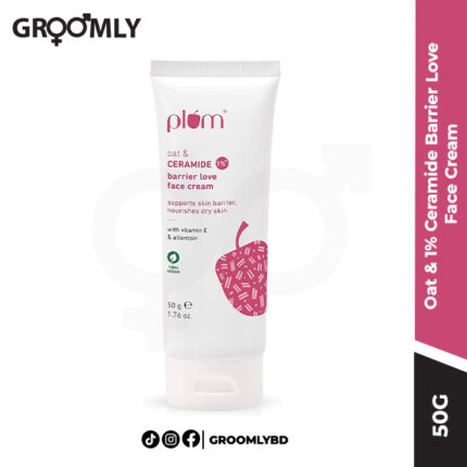 Plum Oat & 1% Ceramide Barrier Love Face Cream 50g jar, an Indian soothing face cream with 1% Ceramides and Colloidal Oatmeal for barrier repair and sensitive skin.