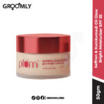 Plum Saffron & Kumkumadi Oil Glow Bright Moisturizer 50 gm jar, an Indian Ayurvedic cream with SPF 35, Saffron, and Kumkumadi Oil for brightening and UV protection.
