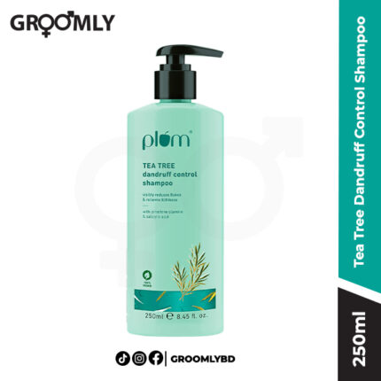 Plum Tea Tree Dandruff Control Shampoo 250ML bottle, an Indian, sulphate-free shampoo with Tea Tree Oil and Rosemary for treating dandruff and soothing the itchy scalp.