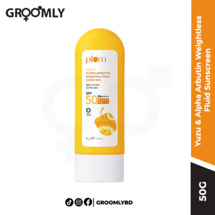 Plum Yuzu & Alpha Arbutin Weightless Fluid Sunscreen 50g tube, an Indian hybrid sunscreen with Alpha Arbutin and Yuzu Lemon Extract for brightening and non-greasy SPF 50 PA+++ defense.