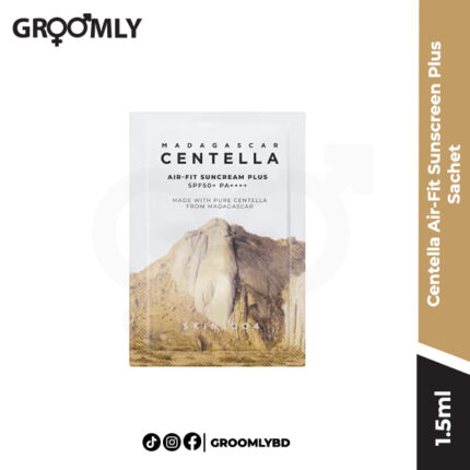 SKIN1004 Madagascar Centella Air-Fit Sunscreen Plus 1.5ml sachet, a Korean physical sunscreen sample with Non-Nano Zinc Oxide, Centella, and Tamanu Oil for sensitive skin.