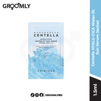 SKIN1004 Madagascar Centella HYALU-CICA Water-fit Sun Serum 1.5ml sachet, a Korean chemical sunscreen sample with Centella Asiatica and Hyaluronic Acid for hydrating sensitive skin with no white cast.