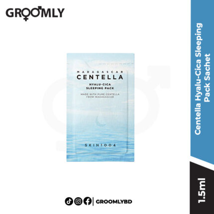 SKIN1004 Madagascar Centella Hyalu-Cica Sleeping Pack 1.5ml sachet, a Korean overnight gel mask sample with Centella, Hyaluronic Acid, and Melatonin for deep hydration and barrier repair.