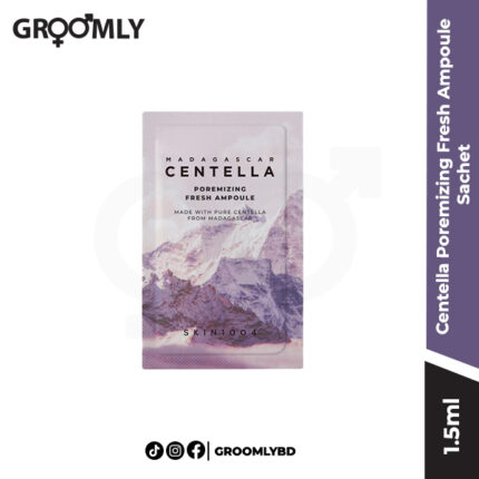 SKIN1004 Madagascar Centella Poremizing Fresh Ampoule 1.5ml sachet, a Korean pore tightening serum sample with Centella Asiatica and Peptide-9 Complex.