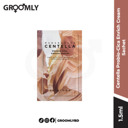 SKIN1004 Madagascar Centella Probio-Cica Enrich Cream 1.5ml sachet, a Korean rich barrier-repairing cream sample with fermented Centella, Ceramides, and Macadamia Oil for dry skin.