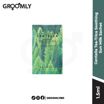 SKIN1004 Madagascar Centella Tea-Trica Soothing Sun Milk 1.5ml sachet, a Korean chemical sunscreen sample with Centella Asiatica and Tea Tree for acne-prone skin.