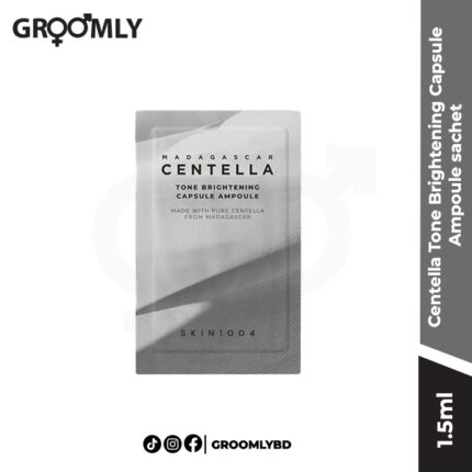 SKIN1004 Madagascar Centella Tone Brightening Capsule Ampoule 1.5ml sachet, a Korean brightening serum sample with Centella Asiatica, Niacinamide, and Madecassoside for fading dark spots.