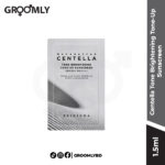 SKIN1004 Madagascar Centella Tone Brightening Tone-Up Sunscreen 1.5ml sachet, a Korean physical sunscreen sample with SPF50+ PA++++ and Centella Asiatica for brightening and UV defense.