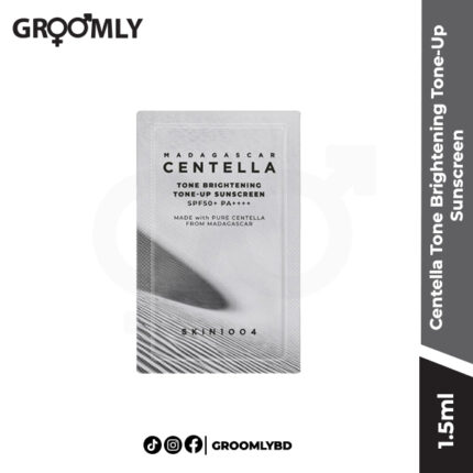 SKIN1004 Madagascar Centella Tone Brightening Tone-Up Sunscreen 1.5ml sachet, a Korean physical sunscreen sample with SPF50+ PA++++ and Centella Asiatica for brightening and UV defense.