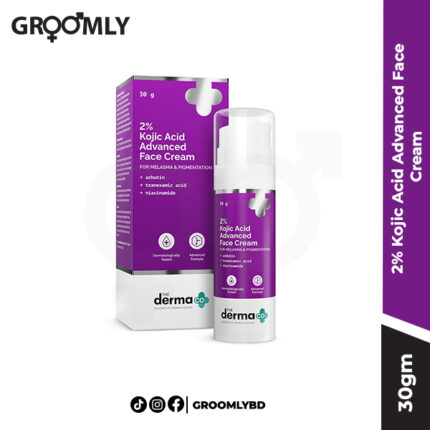 The Derma Co 2% Kojic Acid Advanced Face Cream 30 gm tube, an Indian dermatological cream with 2% Kojic Acid, Vitamin C, and Turmeric for fading hyperpigmentation and dark spots.