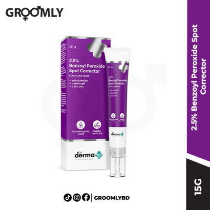 The Derma Co 2.5% Benzoyl Peroxide Spot Corrector 15 gm tube, an Indian acne treatment cream with 2.5% Benzoyl Peroxide for targeting active pimples and blemishes.