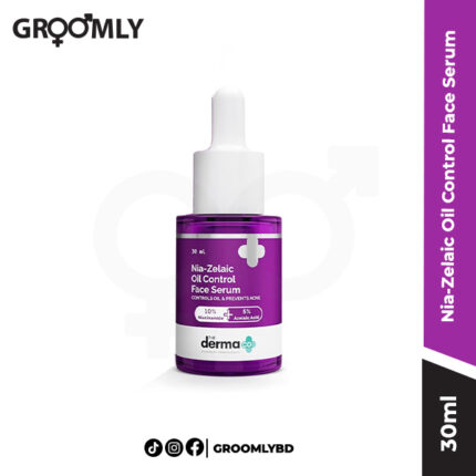 The Derma Co Nia-Zelaic Oil Control Face Serum 30ml dropper bottle, an Indian serum with 10% Niacinamide and 5% Azelaic Acid for acne marks, oiliness, and pore minimization.