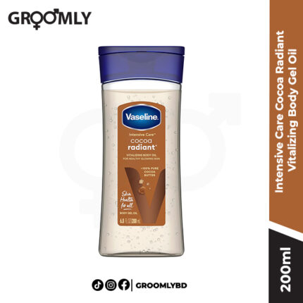 Vaseline Intensive Care Cocoa Radiant Vitalizing Body Gel Oil 200ml bottle, an Indian body oil with pure Cocoa Butter and Vitamin E for deeply moisturizing dry, dull skin.