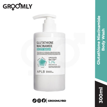 APLB Glutathione Niacinamide Body Wash 300ML pump bottle, a Korean body cleanser with Glutathione and Niacinamide for brightening dark patches and evening body skin tone.