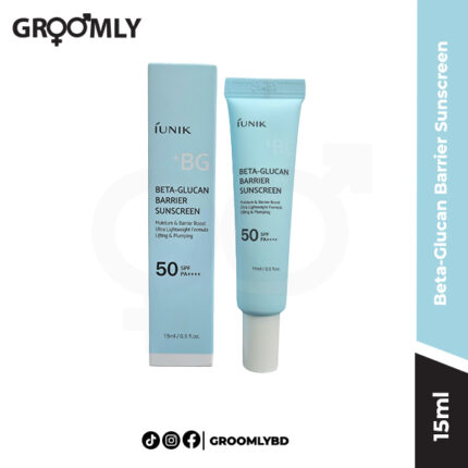 iUNIK Beta-Glucan Barrier Sunscreen 15ml tube, a mini Korean moisturizing sunscreen with SPF50+ PA+++ and Beta-Glucan for sensitive skin with no white cast.