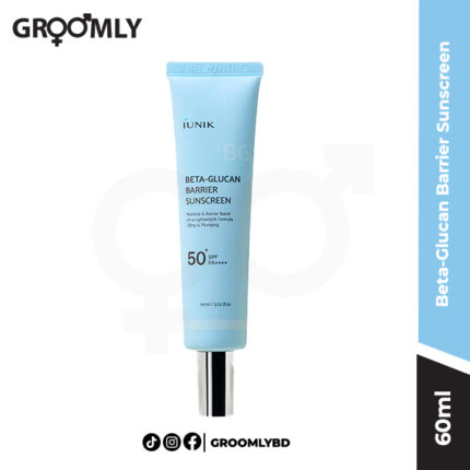 iUNIK Beta-Glucan Barrier Sunscreen 60ml tube, a Korean moisturizing sunscreen with SPF50+ PA+++ and Beta-Glucan for barrier support and no white cast.