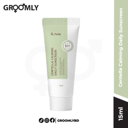 iUNIK Centella Calming Daily Sunscreen 15ml tube, a mini Korean soothing sunscreen with SPF50+ PA++++, Centella Asiatica, and Beta-Glucan for sensitive skin.